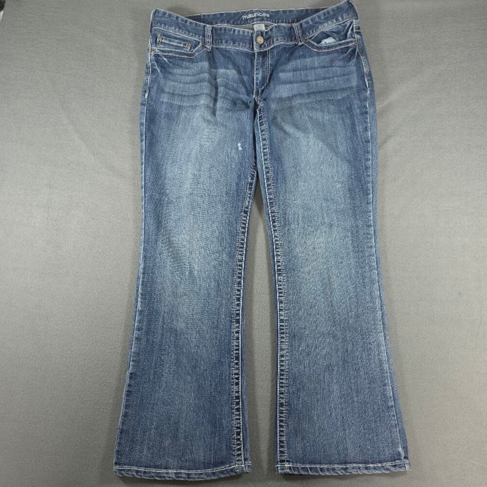 Maurices Womens 20 Reg Flare Jeans Medium Wash Contrast Stitch Distressed Flaw